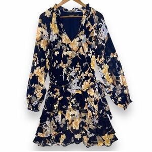 Lauren Ralph Lauren Navy Floral Ruffle Mini Dress – Belted Long Sleeve – Size 8